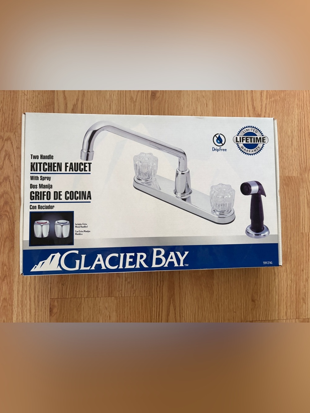 Glacier Bay Two-Handle Chrome Kitchen Faucet with Spray - Clear Knobs